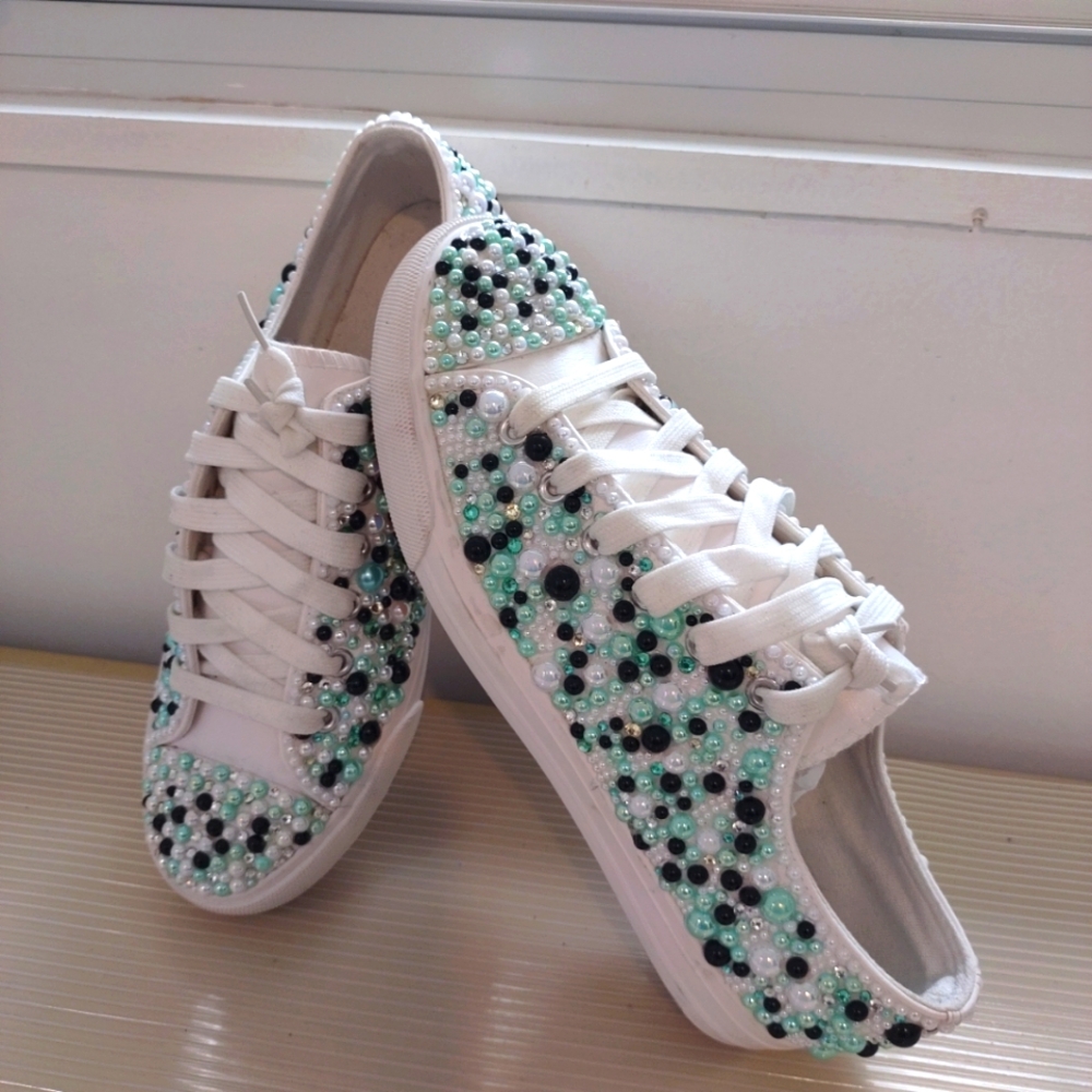 Custom Design Rhinestones Blinks Beaded Unisex Sneaker Size 9 Lace Up Shoes
